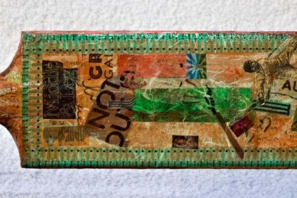 2025 Bat decoupage with mulberry paper,acrylic and protective varnish on Cricket bat with acrylic case 85x10.5 cm (3)