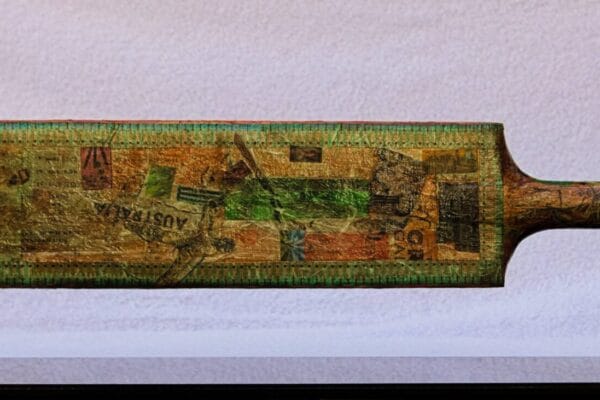 2025 Bat decoupage with mulberry paper,acrylic and protective varnish on Cricket bat with acrylic case 85x10.5 cm