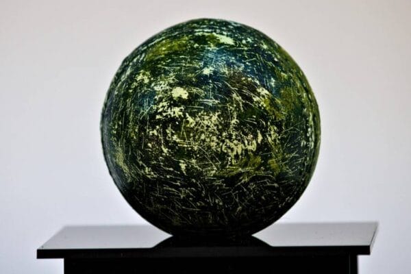 2025 Grassed acrylic primer, oil paint and protective varnish on Cricket ball with acrylic case 10x 10x10 cm (2)