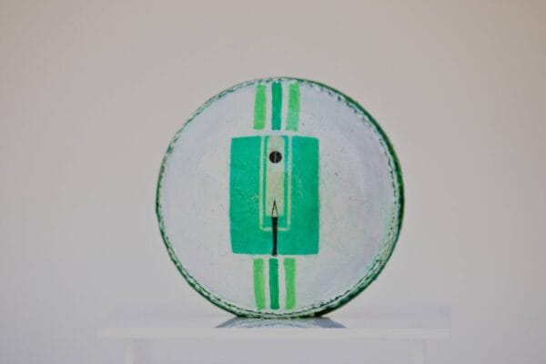 2025 Scorecard ball decoupage with mulberry paper,acrylic paint and protective varnish on Cricket ball with acrylic case 10x 10x10 cm (3)