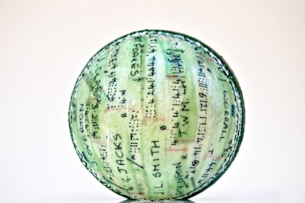 2025 Scorecard ball decoupage with mulberry paper,acrylic paint and protective varnish on Cricket ball with acrylic case 10x 10x10 cm