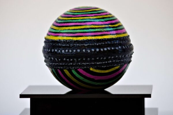 2025 Sponge ball acrylic primer, oil paint, pen and protective varnish on Cricket ball with acrylic case 10x 10x10 cm (3)